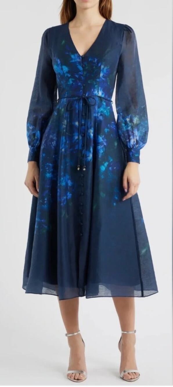Ever New Kahlani Fontaine Floral Dress 4 NWT Blue Dark Romantic Midi Western